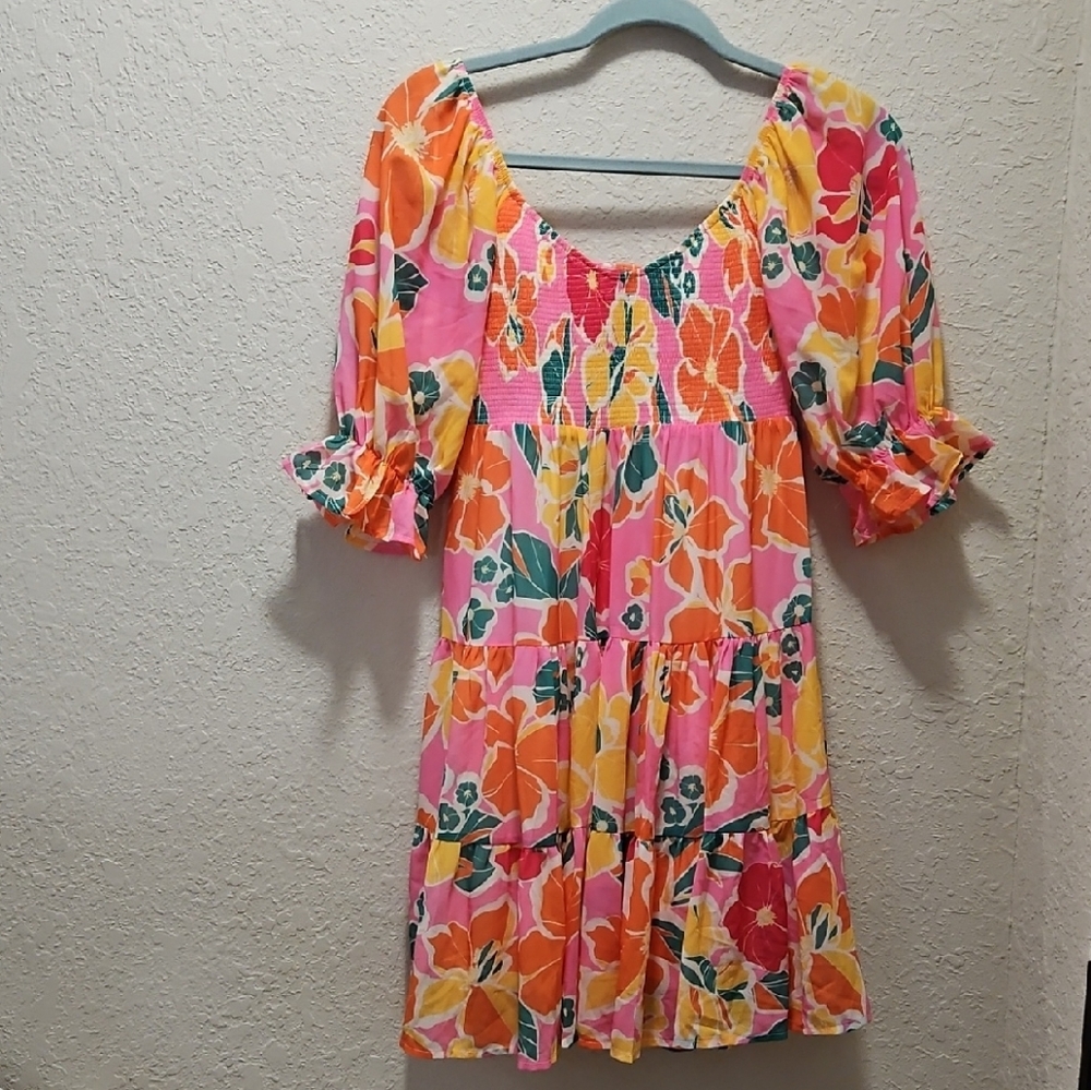 Flying Tomato Pink, Orange & Yellow Floral Smocked Top